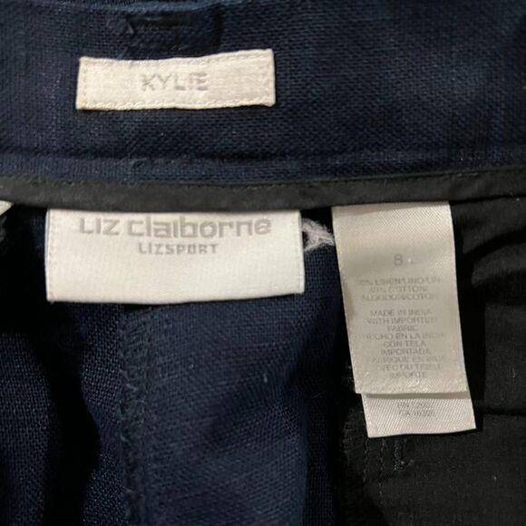 Vintage Liz Claiborne Linen Cotton Kylie Navy Blue High Waist Pleated Pants Sz 8 - Picture 7 of 9